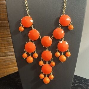 J. Crew Signed Bold Orange Bubble Chandelier Statement Necklace Gold Tone